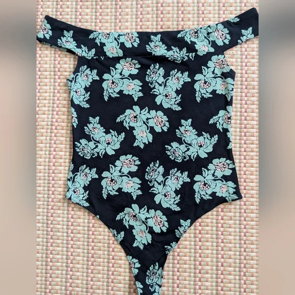 Intimately Free People So Much Floral Black Teal Off Shoulder Bodysuit - Picture 2 of 12